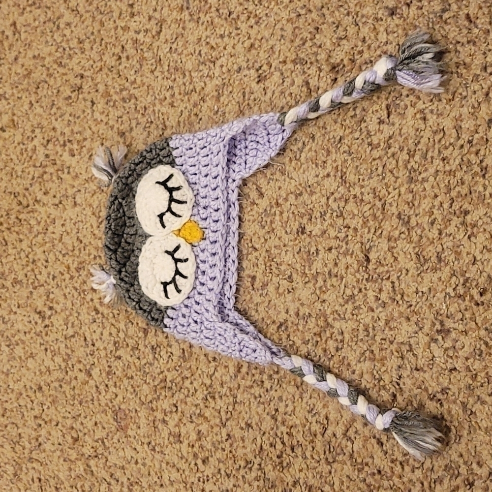 Hand-knit Owl Purple/Gray Winter Hat Toddler